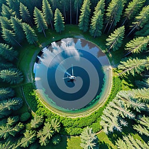 An almost perfect circular shot straight down from the is encircled by a pine forest and looks like the