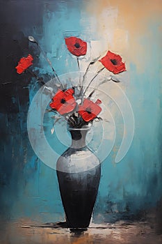 The Perfect Composition: A Vase of Red Flowers Against a Blue Ba photo
