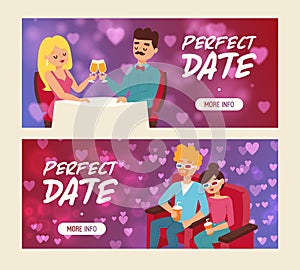 Perfect date set of banners vector illustration. People sitting in restaurant and drinking champagne. Cople drinking