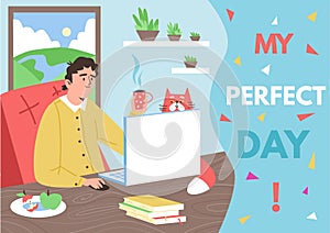 Perfect day banner with man spending free time at home, vector illustration.