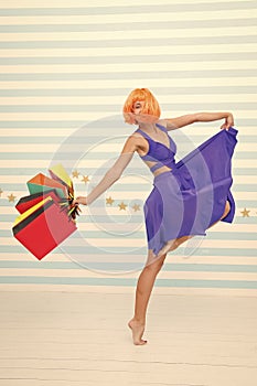 Perfect day. Happy shopping online. Happy holidays. Crazy girl with shopping bags. happy woman go shopping. Last