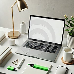 Laptop mockup on a simple work desk.