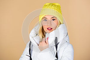 Perfect design. woman in padded warm coat. happy winter holidays. New year. girl in beanie hat. faux fur fashion. flu