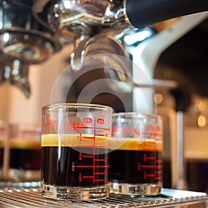 perfect double shot espresso hot black coffee crema aroma morning glass cup drink espresso machine coffee maker fresh cafe