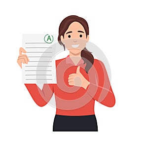 Perfect education marks success concept. Smiling happy girl cartoon character standing holding document test in school or