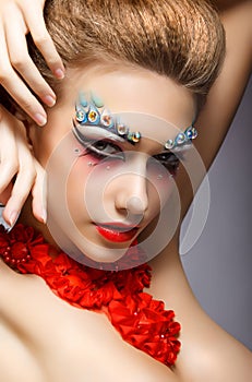 Perfect Fashion Woman Face with Strass - Bright Eye Makeup. Theater photo