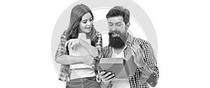 The perfect fathers day. Happy father and little child opening gift boxes on fathers day. Bearded man and small daughter