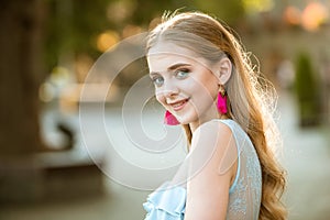 Perfect female. Stylish and confident. Beauty and fashion look of model. happy woman with stylish makeup and long blonde