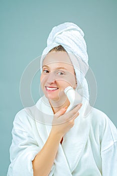 Perfect fresh clean skin concept. Young beautiful woman washing her face