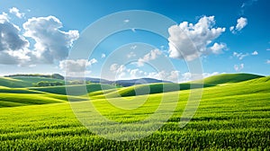 Perfect green field with green grass and blue sky.