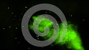 Perfect green fire particles embers sparks on isolated black background . Texture overlays. Explosion burn effect. Stock