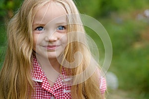 Perfect hair. Small child happy smiling. Little girl wear long hair. Small girl with blond hair. Happy little child with