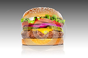 Perfect hamburger classic burger american cheeseburger isolated on gradient reflection photo