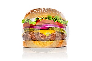 Perfect hamburger classic burger american cheeseburger isolated on white reflection photo