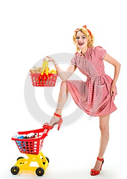 It is perfect. happy retro woman go shopping. What do you think about this. Next stop is shop. vintage housewife woman