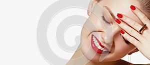 Perfect healthy teeth smile of a young woman. Teeth whitening. Dental clinic patient. Image symbolizes oral