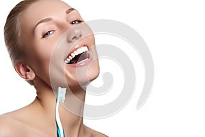 Perfect healthy teeth smile of a young woman. Teeth whitening. Dental clinic patient. Image symbolizes oral