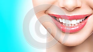 Perfect healthy teeth smile of a young woman. Teeth whitening. Dental clinic patient. Image symbolizes oral care