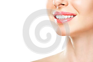 Perfect healthy teeth smile of a young woman. Teeth whitening. Dental clinic patient. Image symbolizes oral care