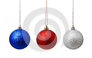 Perfect hunging red blue silver christmas balls isolated on a white