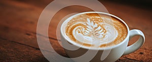The perfect latte art in a cozy coffee cup on a wooden table..AI generated image