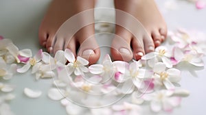 Perfect legs on a background of flowers. Taking care of soft, smooth skin, spa treatments. Beauty salon for pedicure and