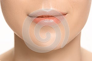 Perfect Lips. Girl Mouth close up. Beauty young woman Smile. Natural plump full Lip.