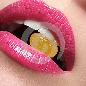 Perfect Lips. girl mouth close up. Beauty young woman smile. Natural plump full Lip. Lips augmentation. Close up detail