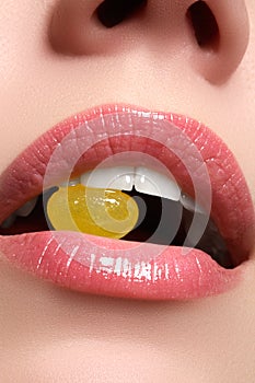 Perfect Lips. girl mouth close up. Beauty young woman smile. Natural plump full Lip. Lips augmentation. Close up detail