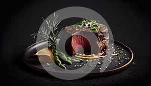 Perfect Medium Rare Steak On Plate, Food Design On Dark Background - Generative AI