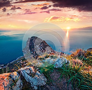 Perfect morning view of Zafferano cape. Spectacular spring seascape of Mediterranean sea, Sicily, Italy, Europe.