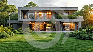 Perfect mowed yard, a contemporary modern concrete house in the background. AI Generated.