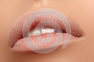 Perfect Natural Lip Makeup. Close Up Macro Photo with Perfect Clean Skin, Light Fresh Lip Make-up. Beautiful Spa Lips