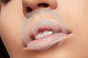 Perfect Natural Lip Makeup. Close Up Macro Photo with Perfect Clean Skin, Light Fresh Lip Make-up. Beautiful Spa Lips