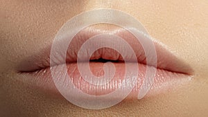 Perfect Natural Lip Makeup. Close Up Macro Photo with Perfect Clean Skin, Light Fresh Lip Make-up. Beautiful Spa Lips