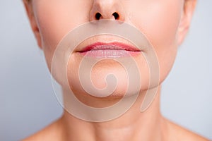 Perfect natural lip maqullage. Close up macro cropped photo with