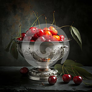 Perfect painterly still life of a silver bowl of cherries, generative Ai