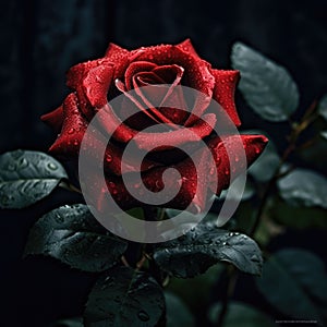 Perfect red rose close-up, dark red flower, dark background.