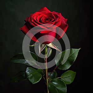 Perfect red rose close-up, dark red flower, dark background.