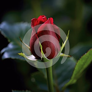 Perfect red rose close-up, dark red flower, dark background.