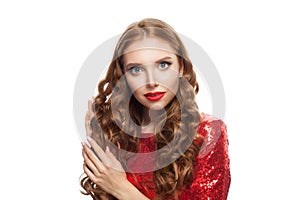 Perfect redhead woman with ginger curly hairstyle and red lips makeup isolated on white background