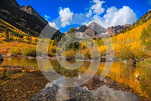 Perfect reflections of maroon bells in the lake