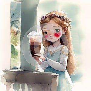 The Perfect Refresher - Watercolor Painting of a Girl with a Frozen Coffee Glass for Kids\' Stories
