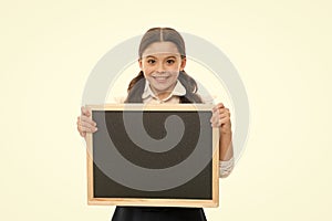 Perfect schoolgirl. Happy girl wear school uniform. Back to school concept. Schoolgirl smiling pupil long hair. Diligent