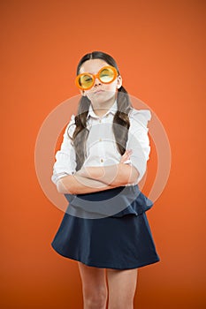 Perfect schoolgirl tidy hair. Prepare kid first school day. Schoolgirl cute ponytails. Excellent pupil concept. Girl