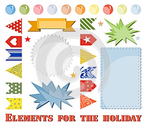 A perfect set for organizing a holiday. Illustration with colorful bunting flags, ribbon banner, splashes and more.