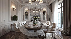 Perfect setting for family gatherings: elegant dining room with large table, cozy chairs, and stylish chandelier. 3d