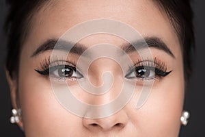 Perfect shape of eyebrows. Beautiful macro shot of female eye wi photo