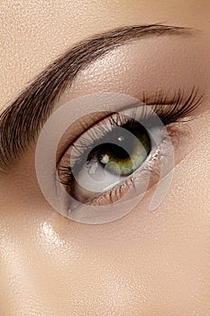 Perfect shape of eyebrows, brown eyeshadows and long eyelashes. Closeup macro shot of fashion smoky eyes visage