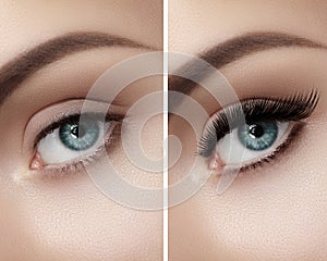 Perfect shape of eyebrows and extremly long eyelashes. Macro shot of fashion eyes visage. Before and after photo